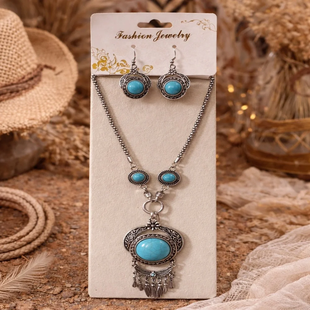 Turquoise & Silver Tone Boho Statement Necklace & Earrings Set Festival Western - Picture 6 of 6